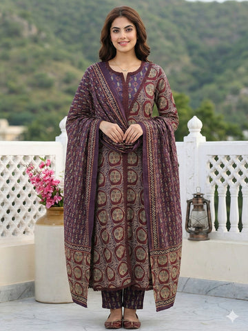 Jaitpuriya Purple And Brown Pure Cotton A-line Regular Kurta Set