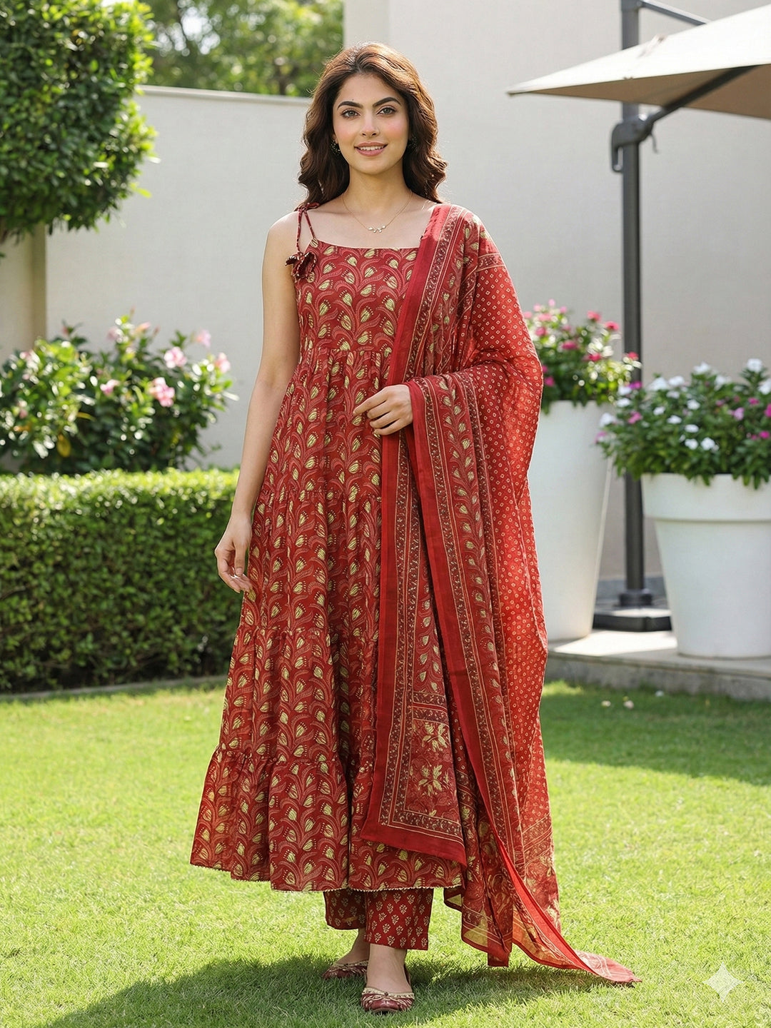 Jaitpuriya Red Pure Cotton Anarkali Pleated Tierd Kurta Set