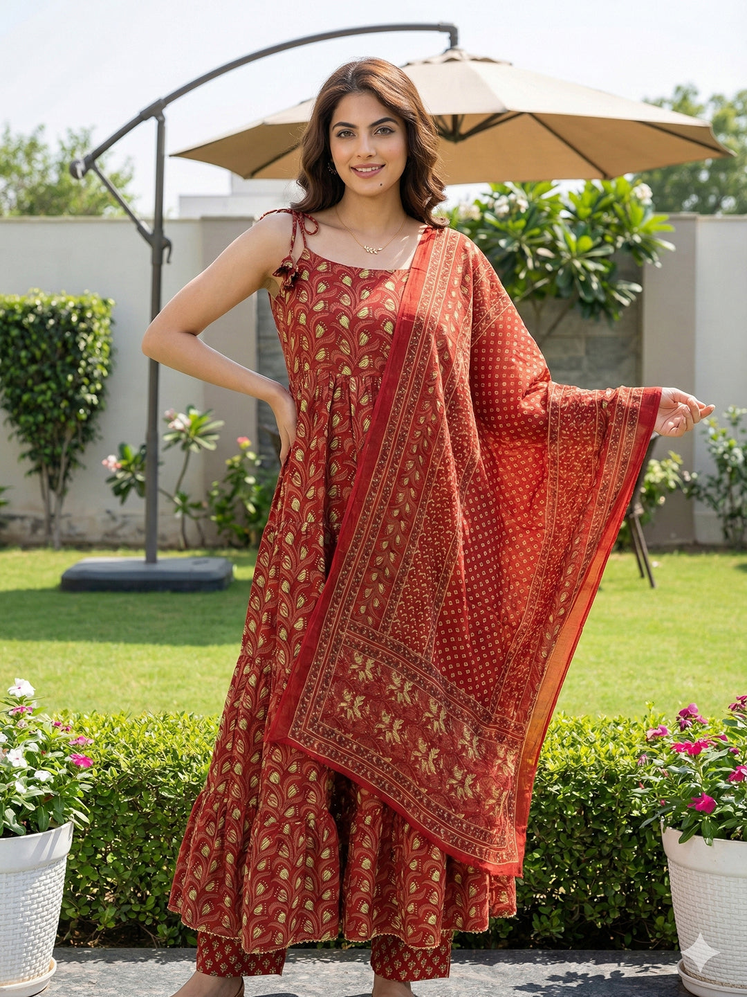 Jaitpuriya Red Pure Cotton Anarkali Pleated Tierd Kurta Set