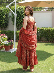 Jaitpuriya Red Pure Cotton Anarkali Pleated Tierd Kurta Set