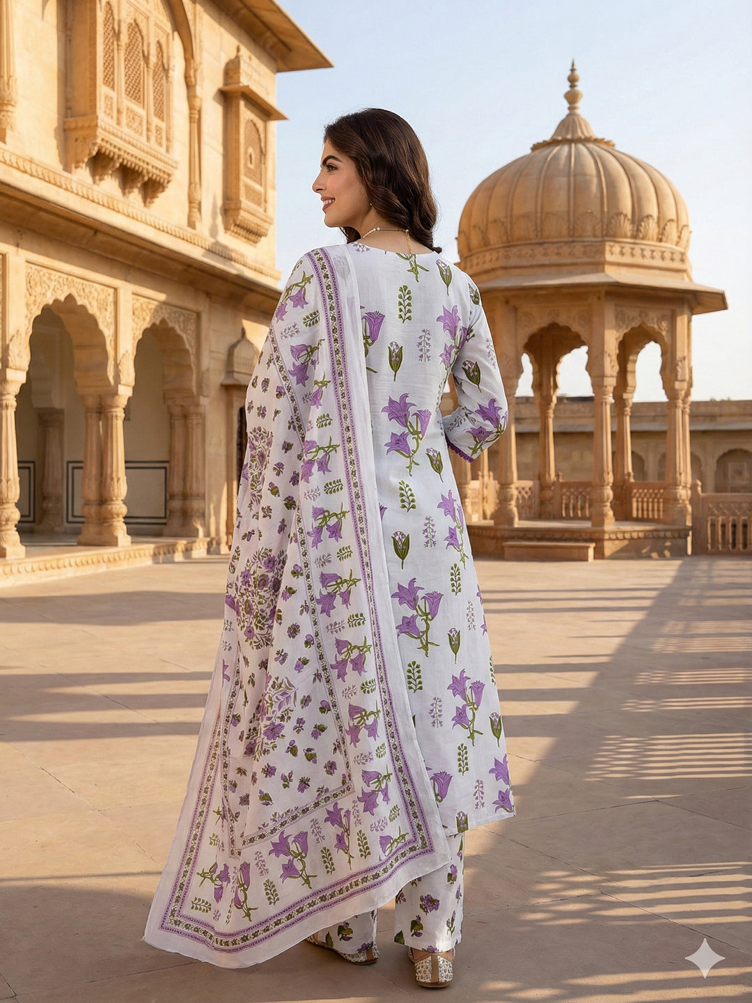 Jaitpuriya Purple And White Pure Cotton A-line Pleated Kurta Set