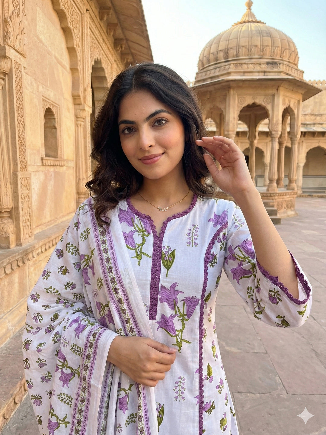 Jaitpuriya Purple And White Pure Cotton A-line Pleated Kurta Set