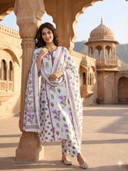 Jaitpuriya Purple And White Pure Cotton A-line Pleated Kurta Set