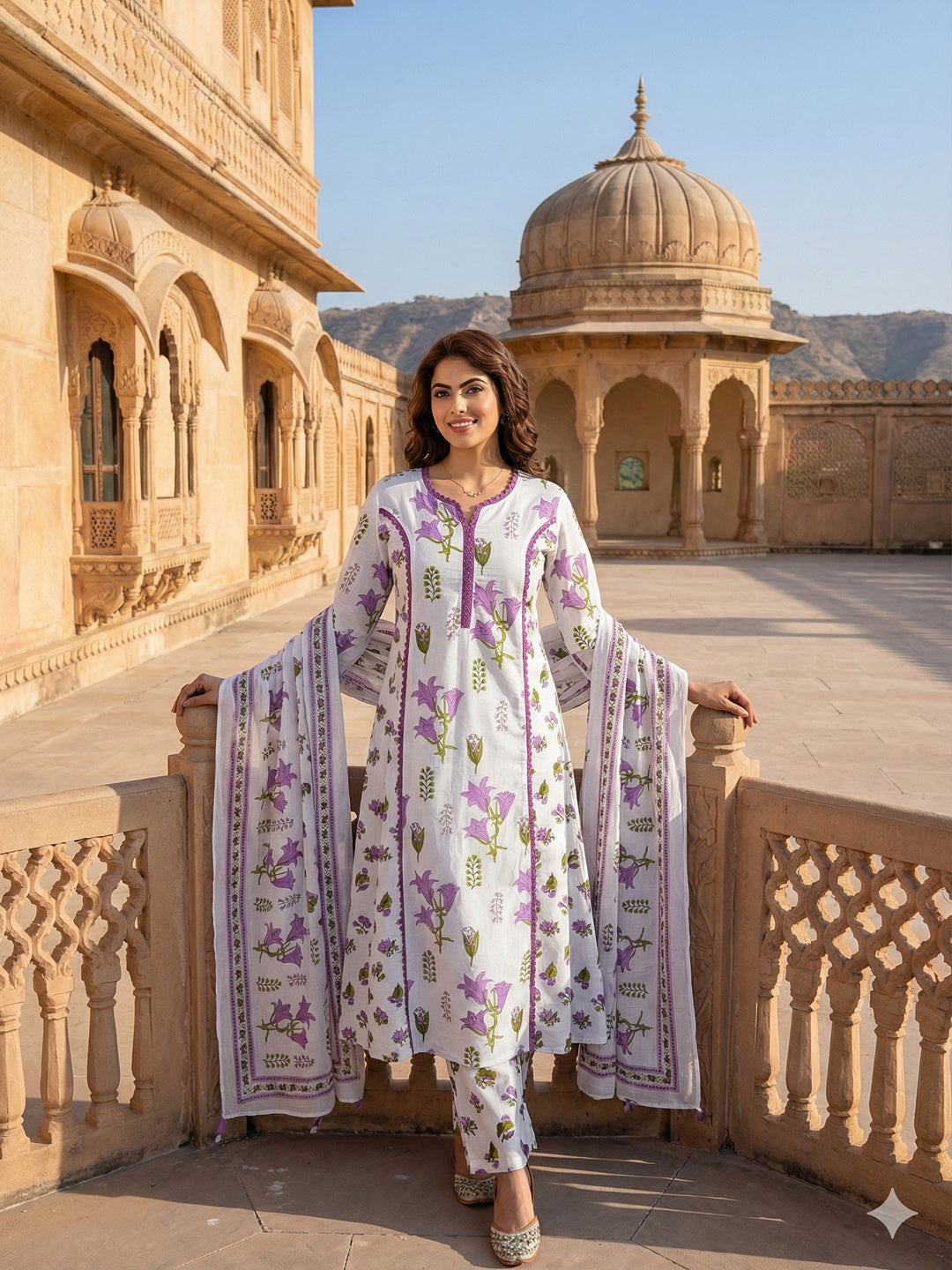 Jaitpuriya Purple And White Pure Cotton A-line Pleated Kurta Set