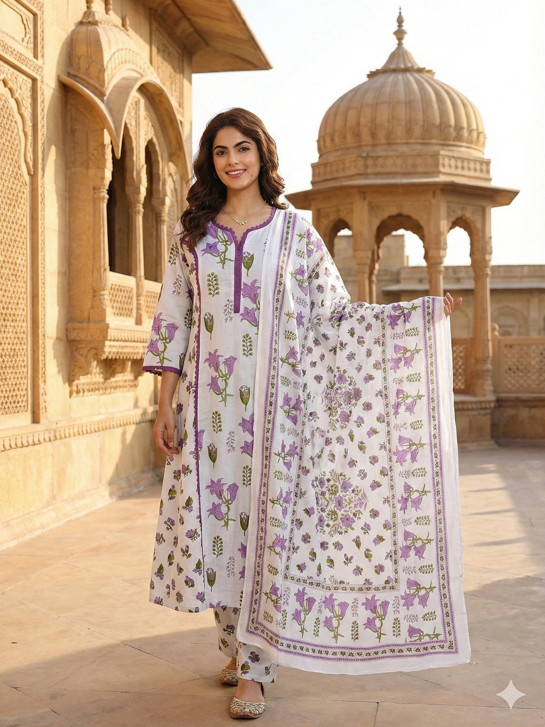 Jaitpuriya Purple And White Pure Cotton A-line Pleated Kurta Set