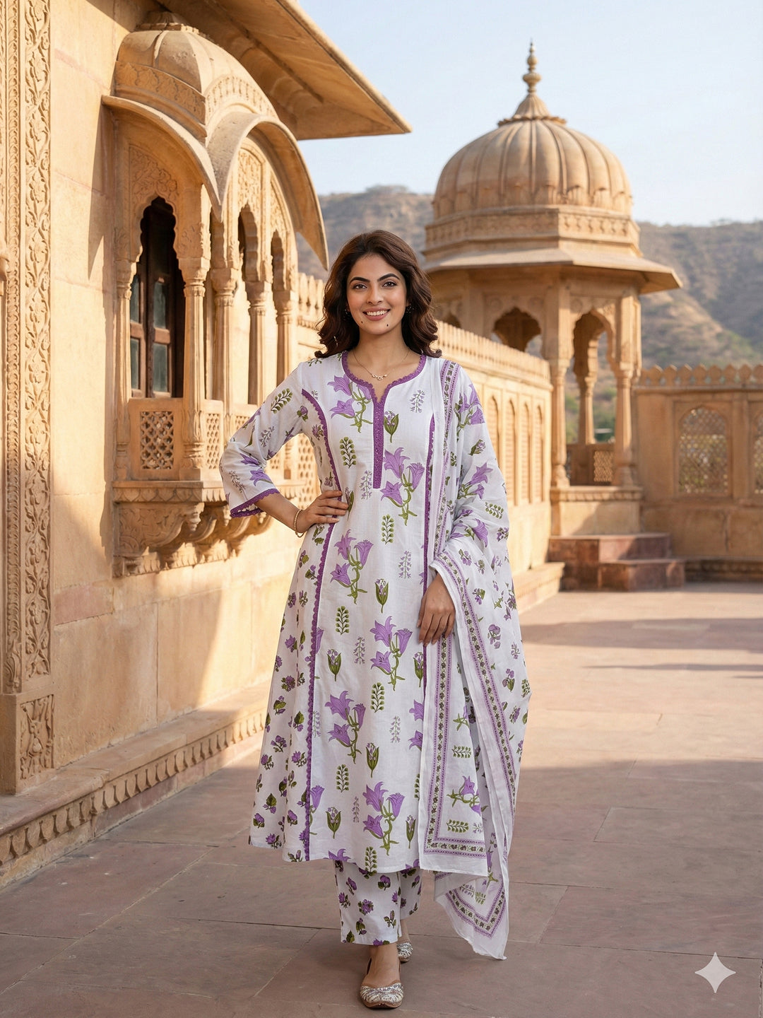 Jaitpuriya Purple And White Pure Cotton A-line Pleated Kurta Set