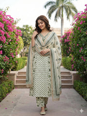 Jaitpuriya Green And White Pure Cotton A-line Regular Kurta Set