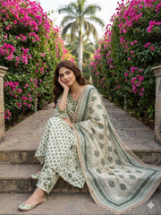 Jaitpuriya Green And White Pure Cotton A-line Regular Kurta Set