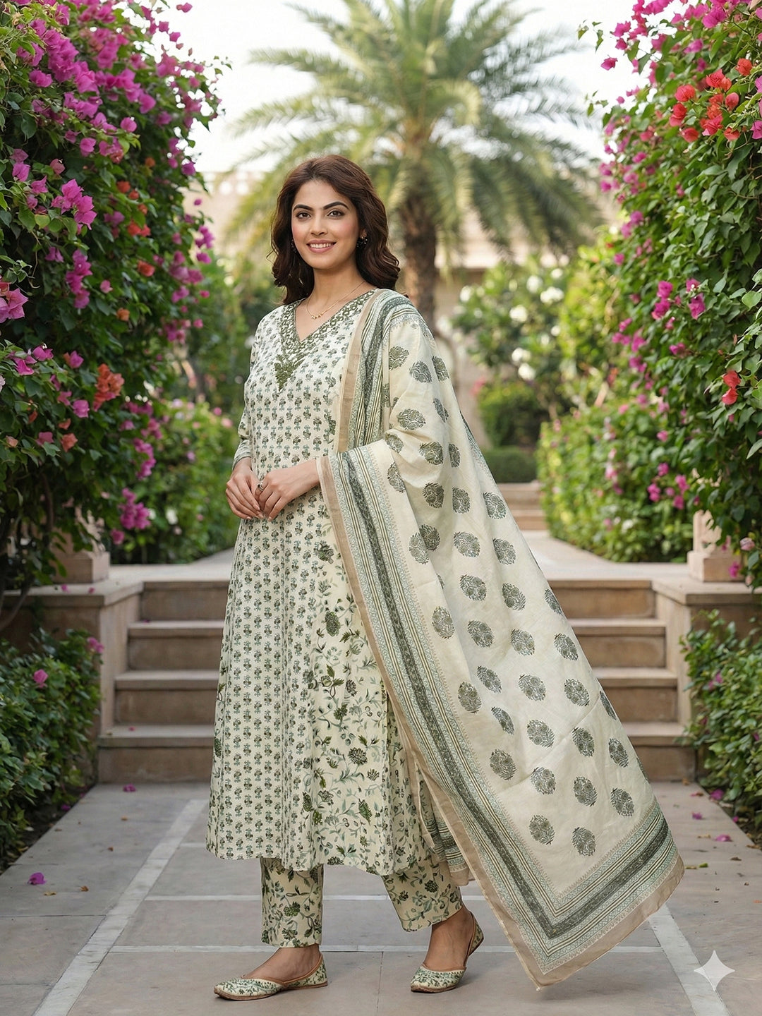 Jaitpuriya Green And White Pure Cotton A-line Regular Kurta Set