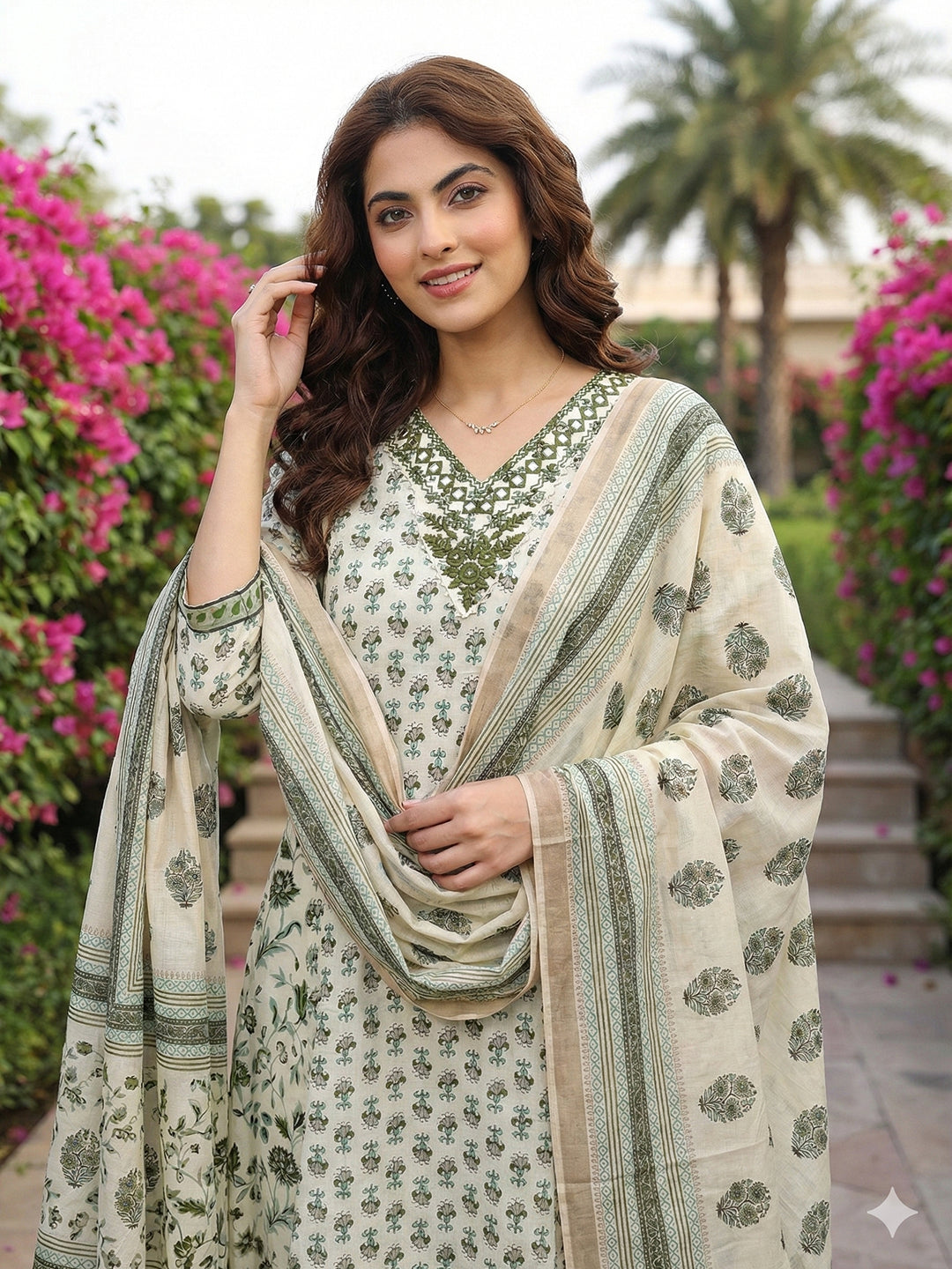 Jaitpuriya Green And White Pure Cotton A-line Regular Kurta Set