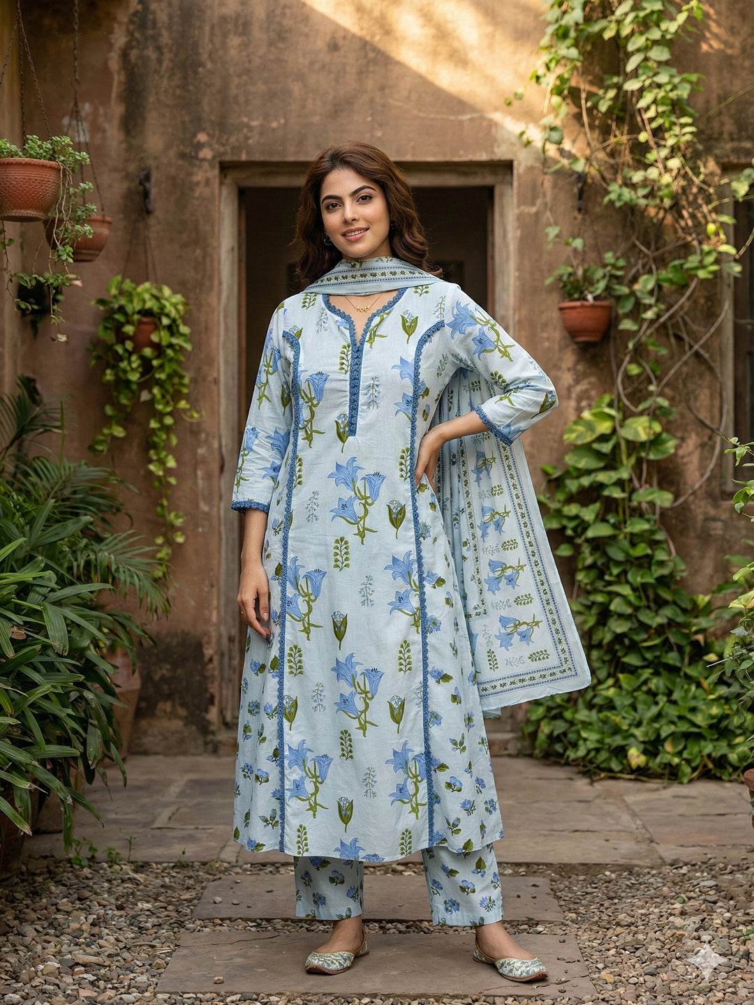 Jaitpuriya Sky Blue And White Pure Cotton A-line Pleated Kurta Set