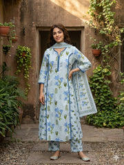 Jaitpuriya Sky Blue And White Pure Cotton A-line Pleated Kurta Set