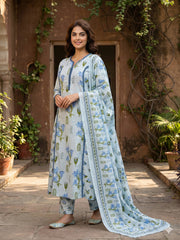 Jaitpuriya Sky Blue And White Pure Cotton A-line Pleated Kurta Set