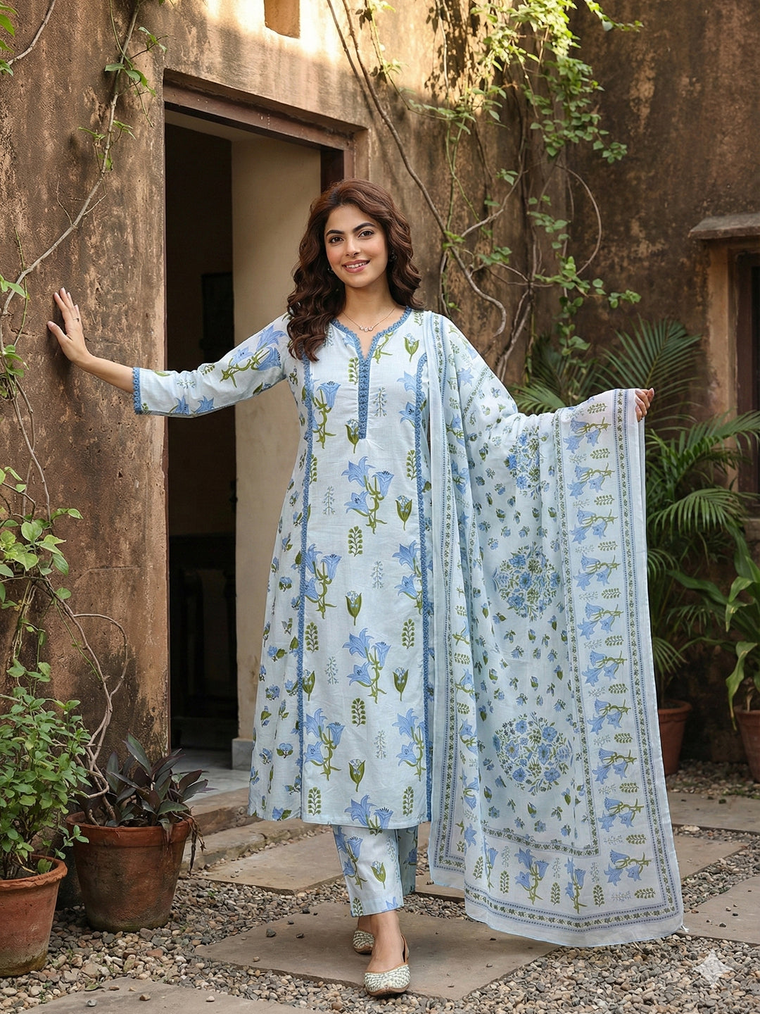 Jaitpuriya Sky Blue And White Pure Cotton A-line Pleated Kurta Set