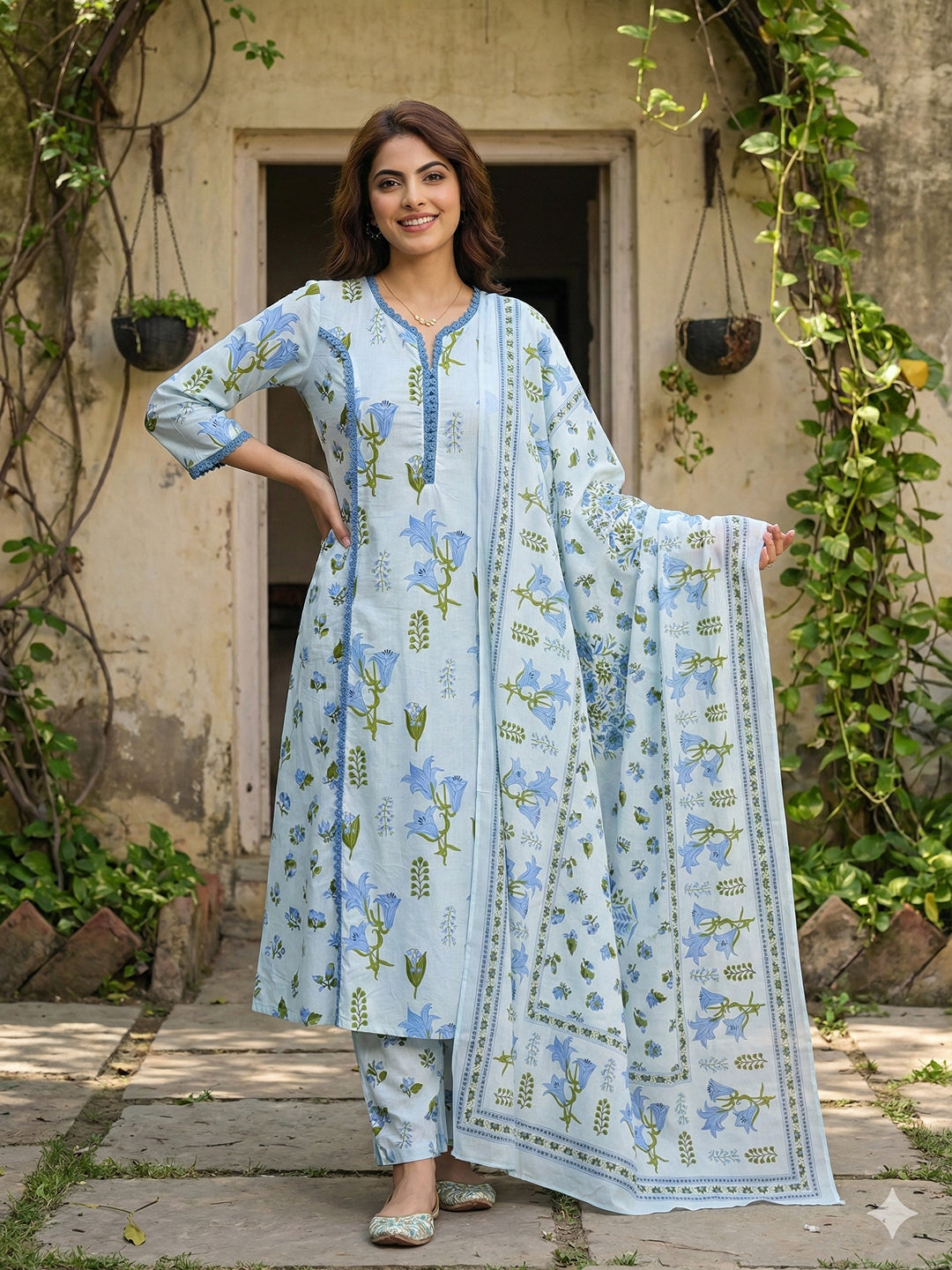 Jaitpuriya Sky Blue And White Pure Cotton A-line Pleated Kurta Set