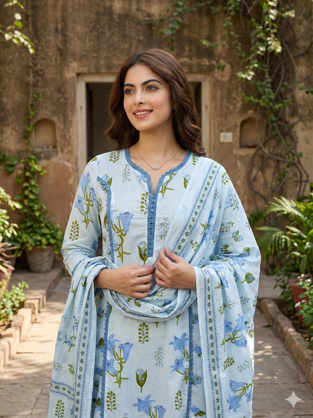 Jaitpuriya Sky Blue And White Pure Cotton A-line Pleated Kurta Set