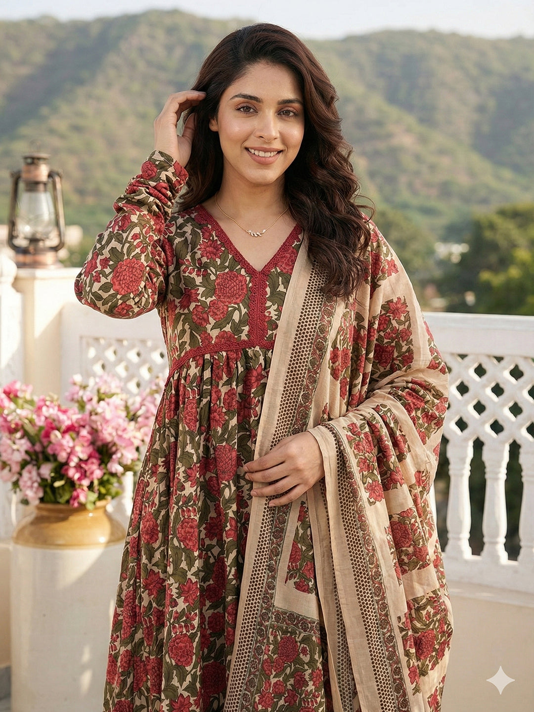 Jaitpuriya Green And Cream Pure Cotton Anarkali Pleated Kurta Set