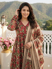 Jaitpuriya Green And Cream Pure Cotton Anarkali Pleated Kurta Set