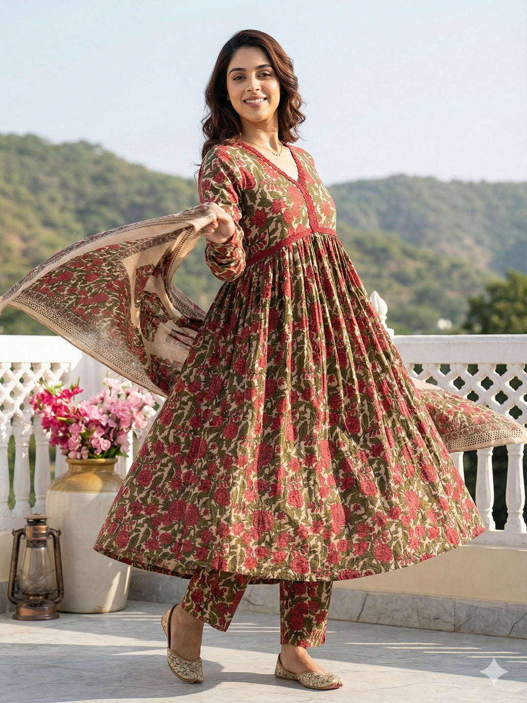 Jaitpuriya Green And Cream Pure Cotton Anarkali Pleated Kurta Set