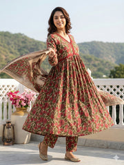 Jaitpuriya Green And Cream Pure Cotton Anarkali Pleated Kurta Set