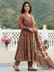 Jaitpuriya Green And Cream Pure Cotton Anarkali Pleated Kurta Set