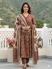 Jaitpuriya Green And Cream Pure Cotton Anarkali Pleated Kurta Set
