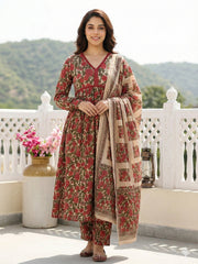 Jaitpuriya Green And Cream Pure Cotton Anarkali Pleated Kurta Set