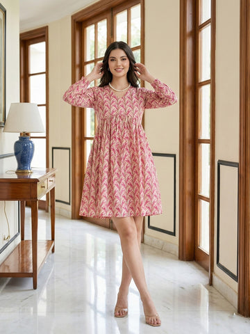 Jaitpuriya Pink And Yellow Pure Cotton Fit & flare Gathered or Pleated Dresses