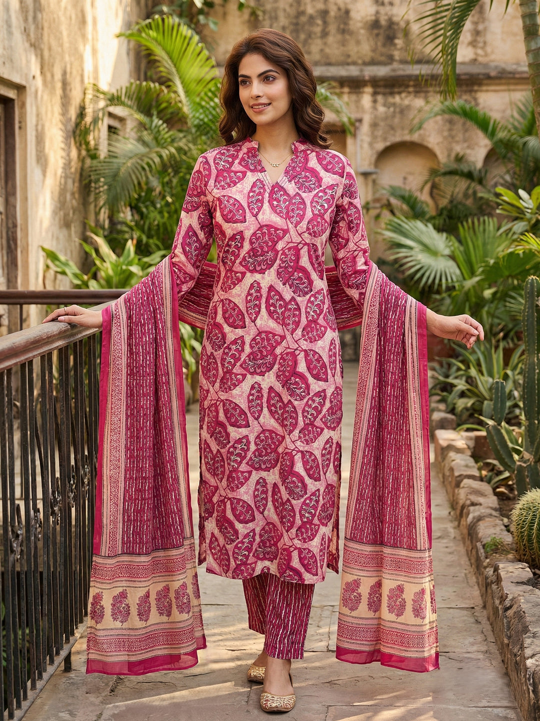 Jaitpuriya Pink Pure Cotton Straight Regular Kurta Set