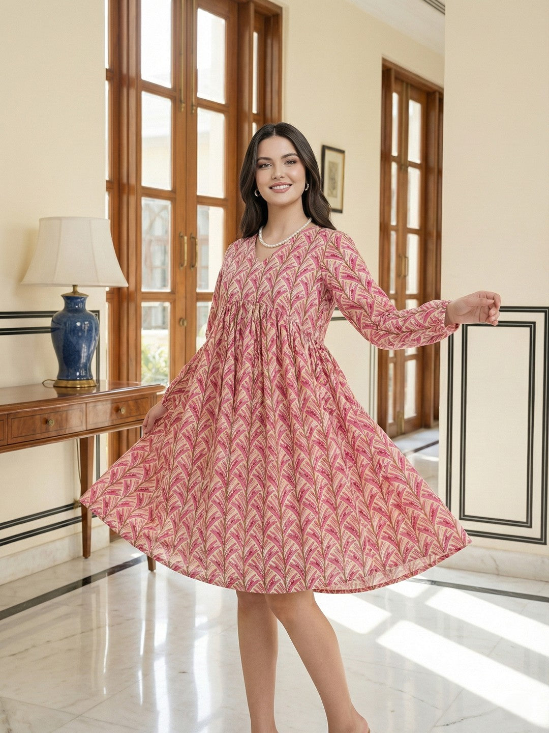 Jaitpuriya Pink And Yellow Pure Cotton Fit & flare Gathered or Pleated Dresses