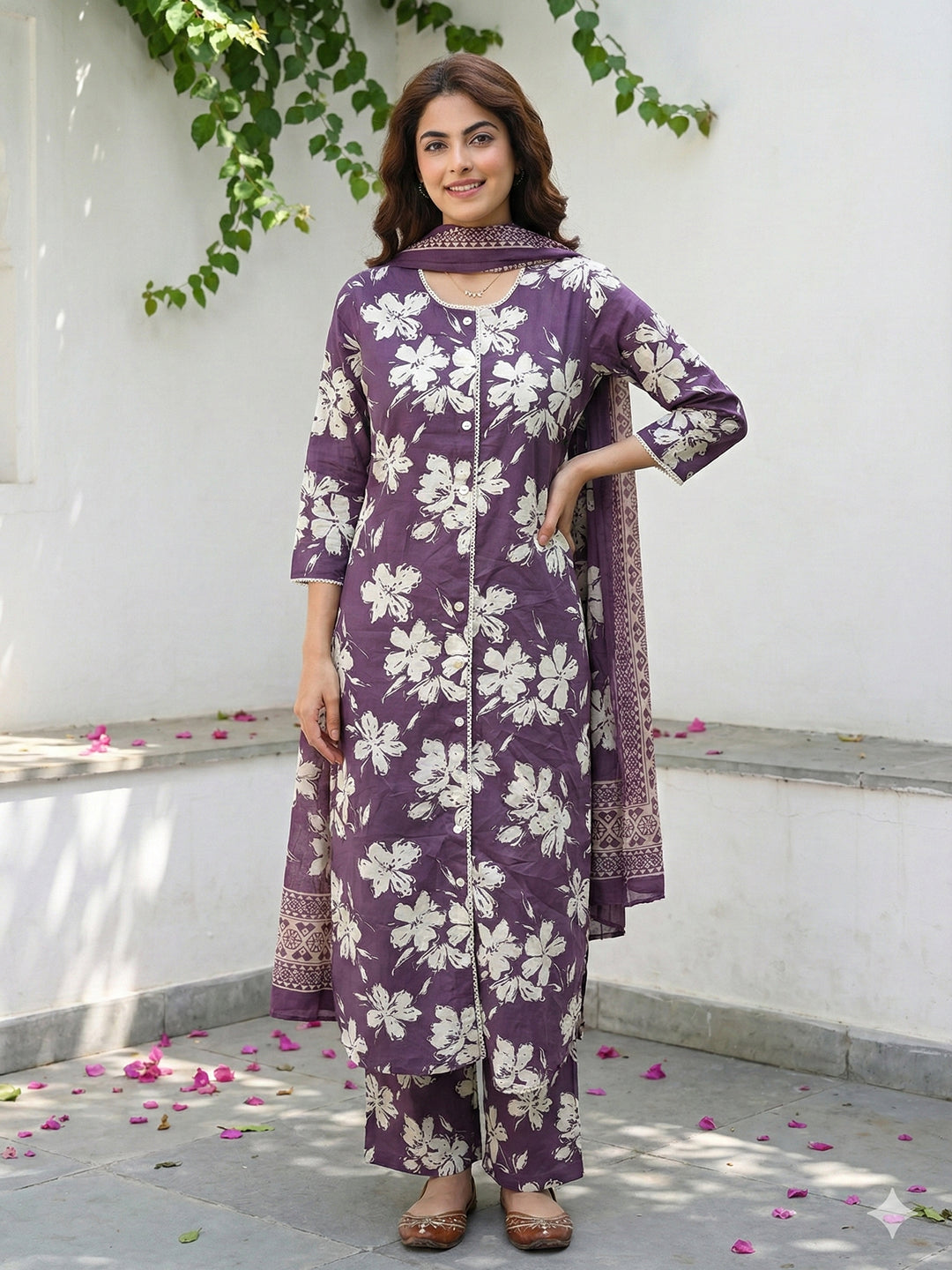 Jaitpuriya Purple And Beige Pure Cotton Straight Regular Kurta Set