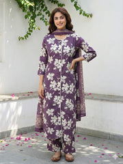 Jaitpuriya Purple And Beige Pure Cotton Straight Regular Kurta Set