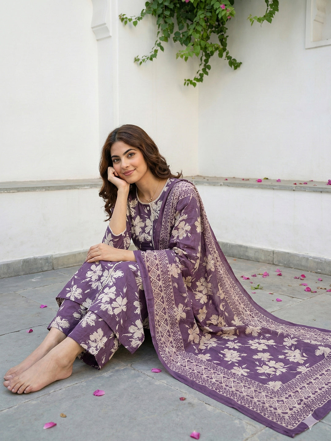 Jaitpuriya Purple And Beige Pure Cotton Straight Regular Kurta Set