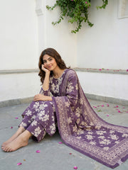 Jaitpuriya Purple And Beige Pure Cotton Straight Regular Kurta Set