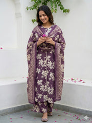 Jaitpuriya Purple And Beige Pure Cotton Straight Regular Kurta Set