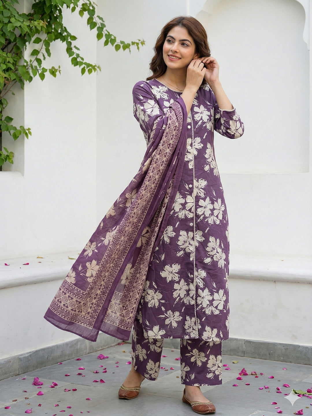 Jaitpuriya Purple And Beige Pure Cotton Straight Regular Kurta Set