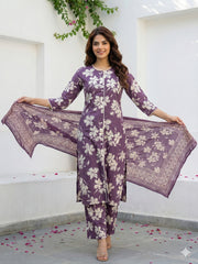 Jaitpuriya Purple And Beige Pure Cotton Straight Regular Kurta Set