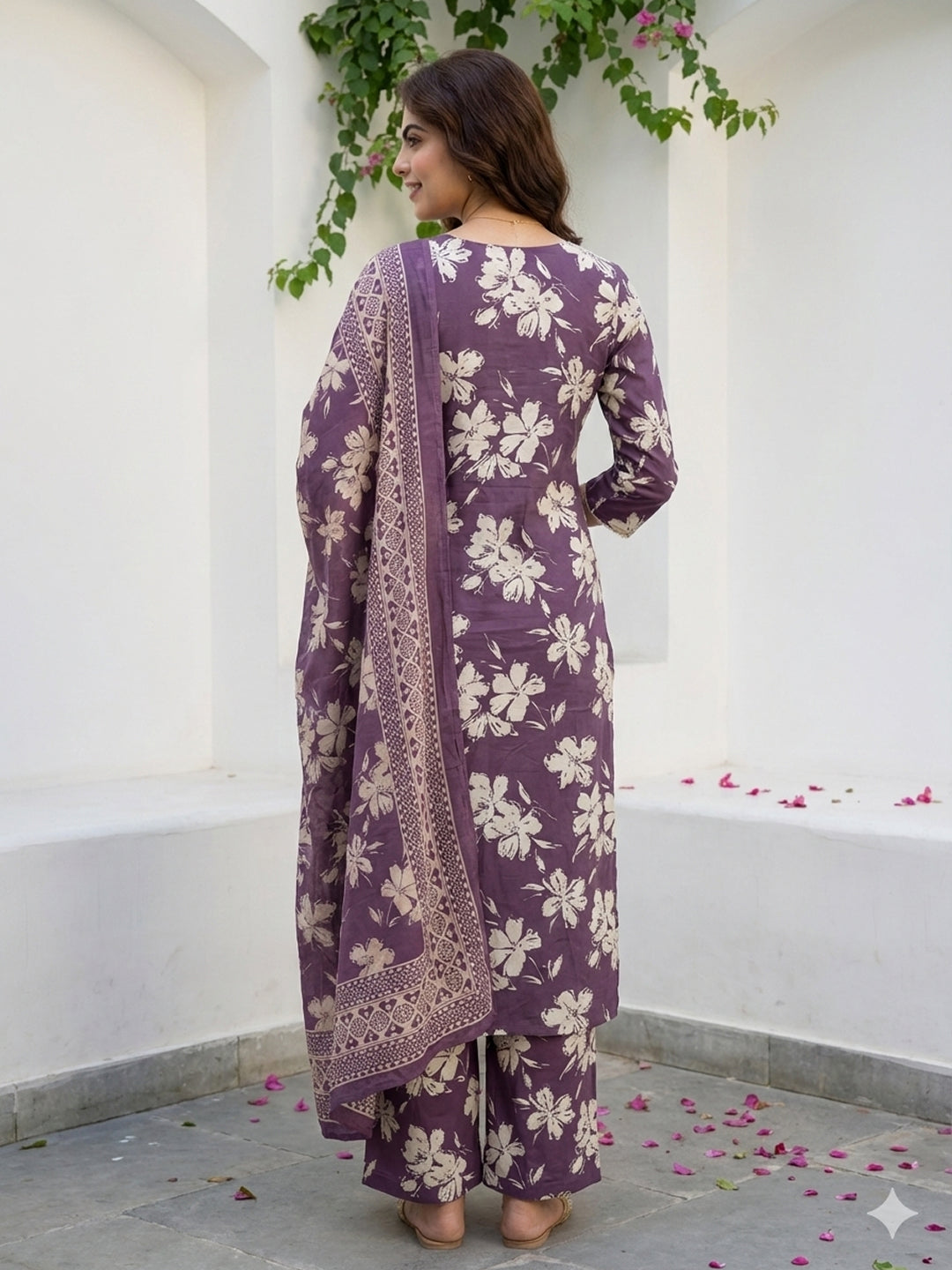 Jaitpuriya Purple And Beige Pure Cotton Straight Regular Kurta Set