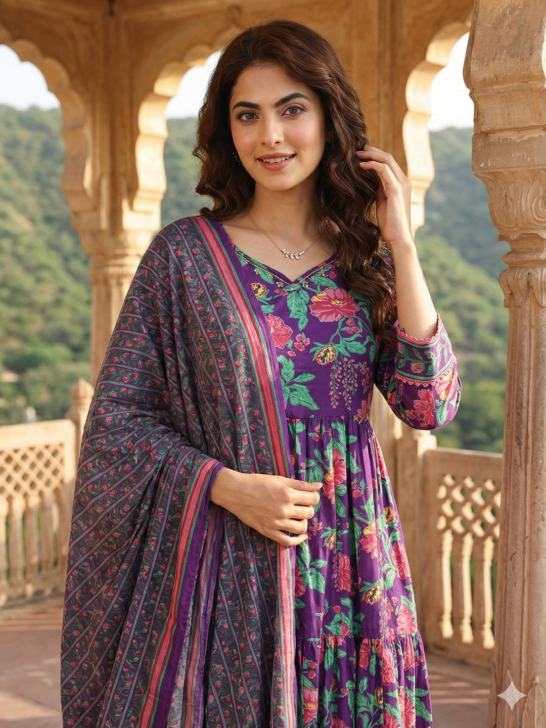 Jaitpuriya Purple And Pink Pure Cotton Anarkali Tierd Kurta Set