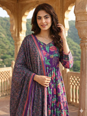 Jaitpuriya Purple And Pink Pure Cotton Anarkali Tierd Kurta Set