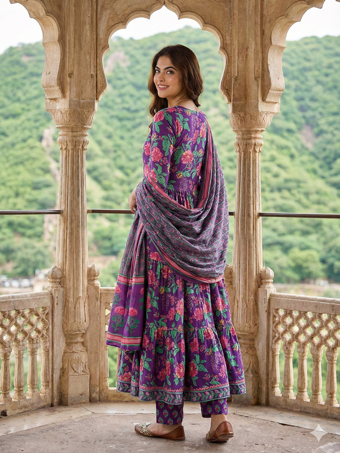 Jaitpuriya Purple And Pink Pure Cotton Anarkali Tierd Kurta Set
