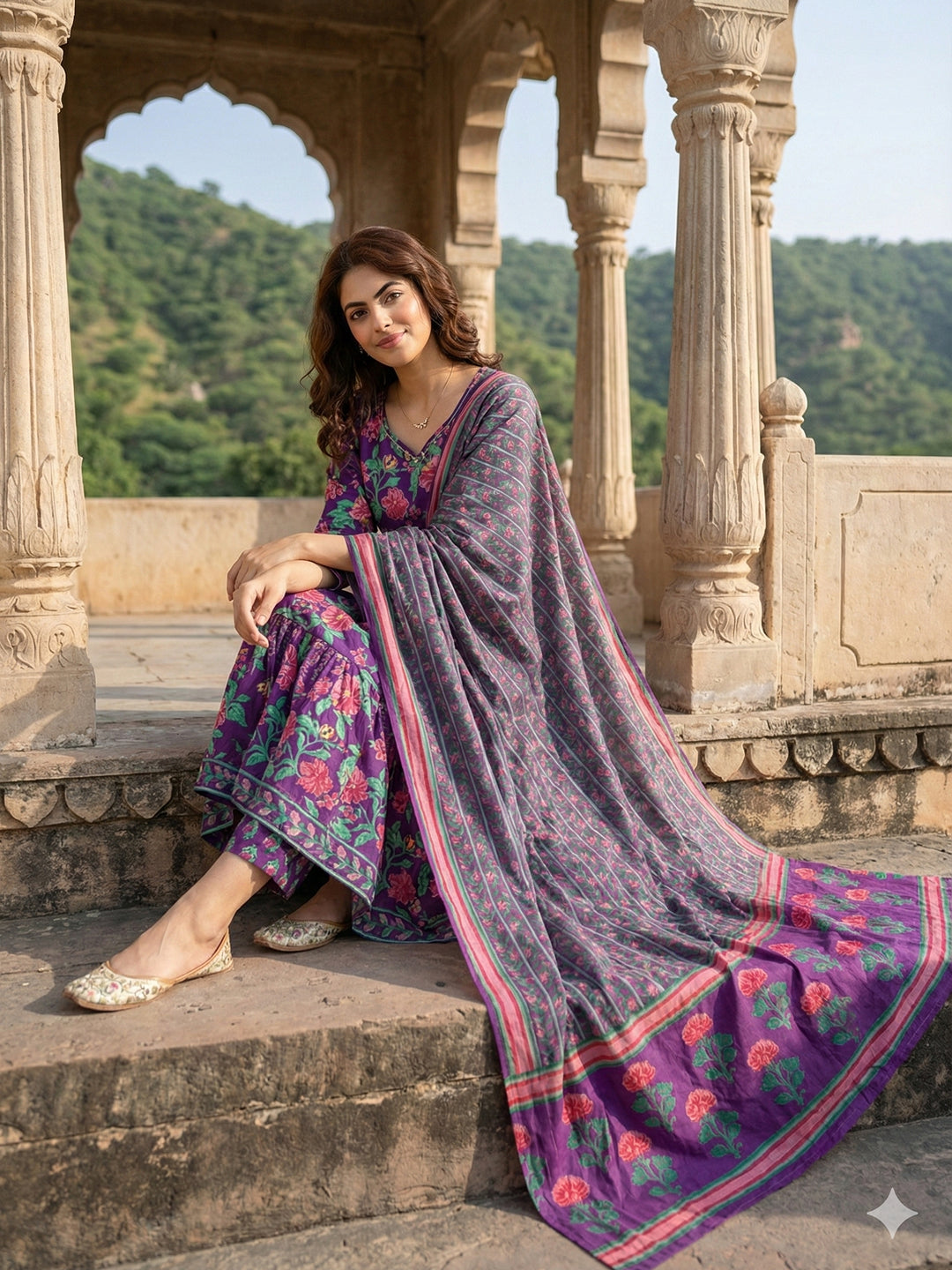 Jaitpuriya Purple And Pink Pure Cotton Anarkali Tierd Kurta Set