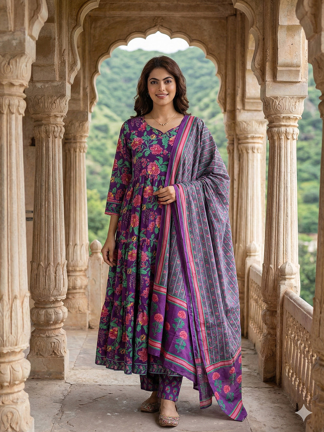 Jaitpuriya Purple And Pink Pure Cotton Anarkali Tierd Kurta Set