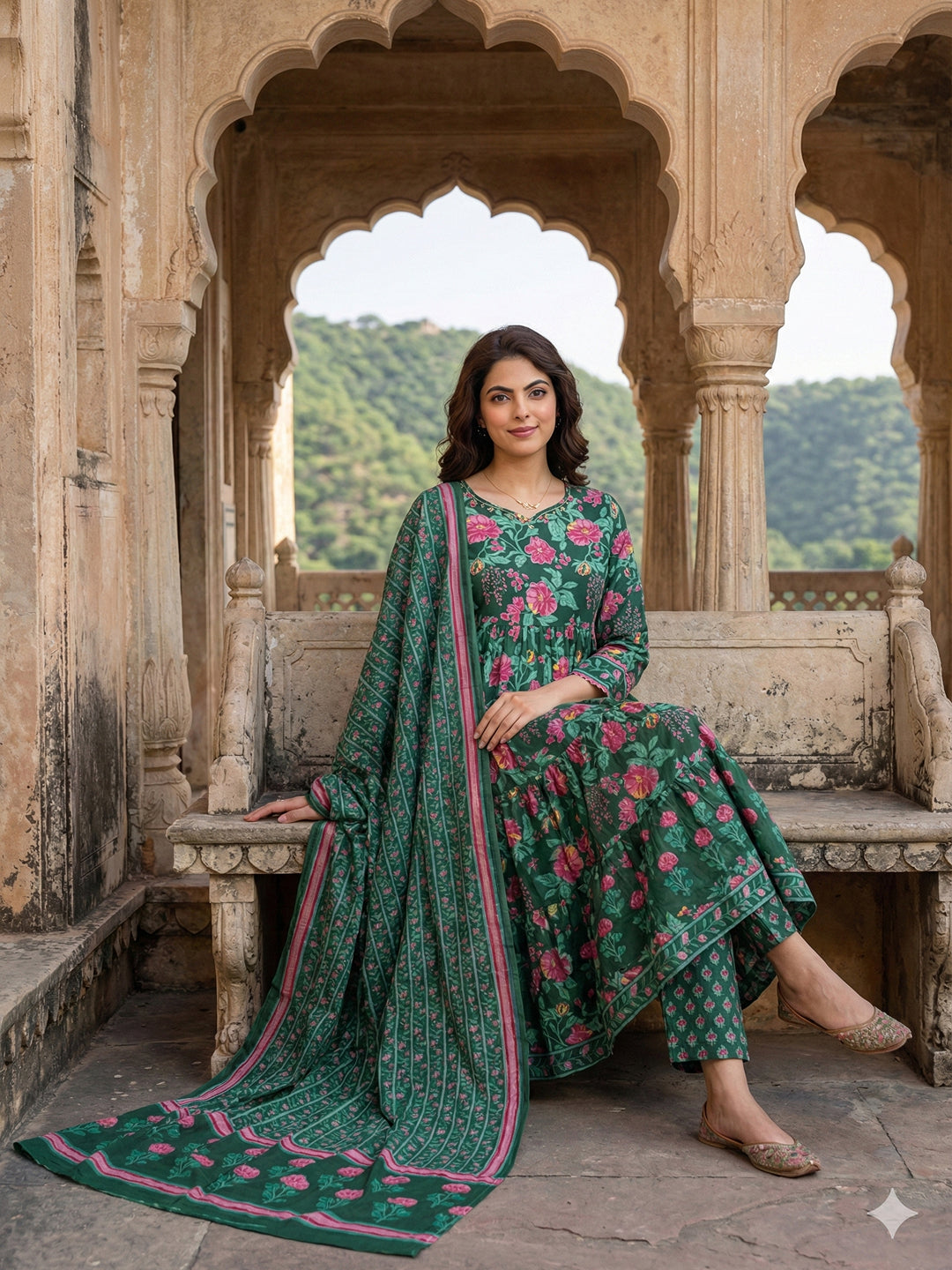 Jaitpuriya Green And Pink Pure Cotton Anarkali Tierd Kurta Set
