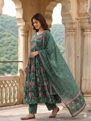 Jaitpuriya Green And Pink Pure Cotton Anarkali Tierd Kurta Set