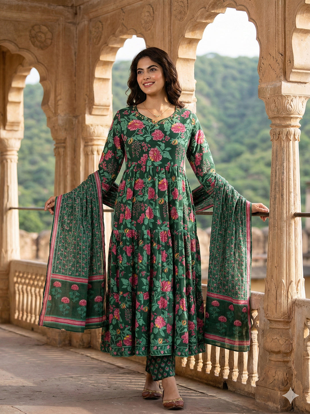 Jaitpuriya Green And Pink Pure Cotton Anarkali Tierd Kurta Set