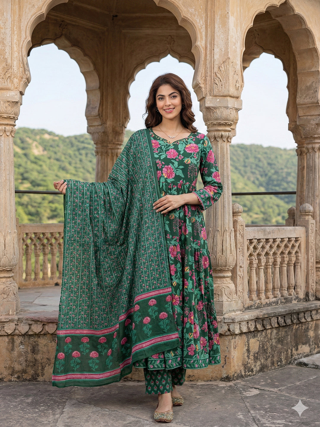 Jaitpuriya Green And Pink Pure Cotton Anarkali Tierd Kurta Set