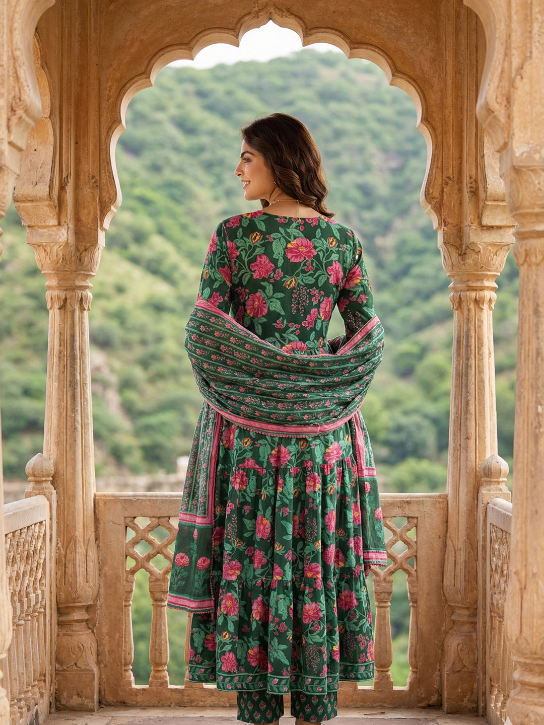 Jaitpuriya Green And Pink Pure Cotton Anarkali Tierd Kurta Set
