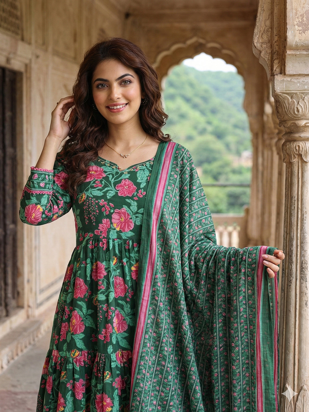 Jaitpuriya Green And Pink Pure Cotton Anarkali Tierd Kurta Set
