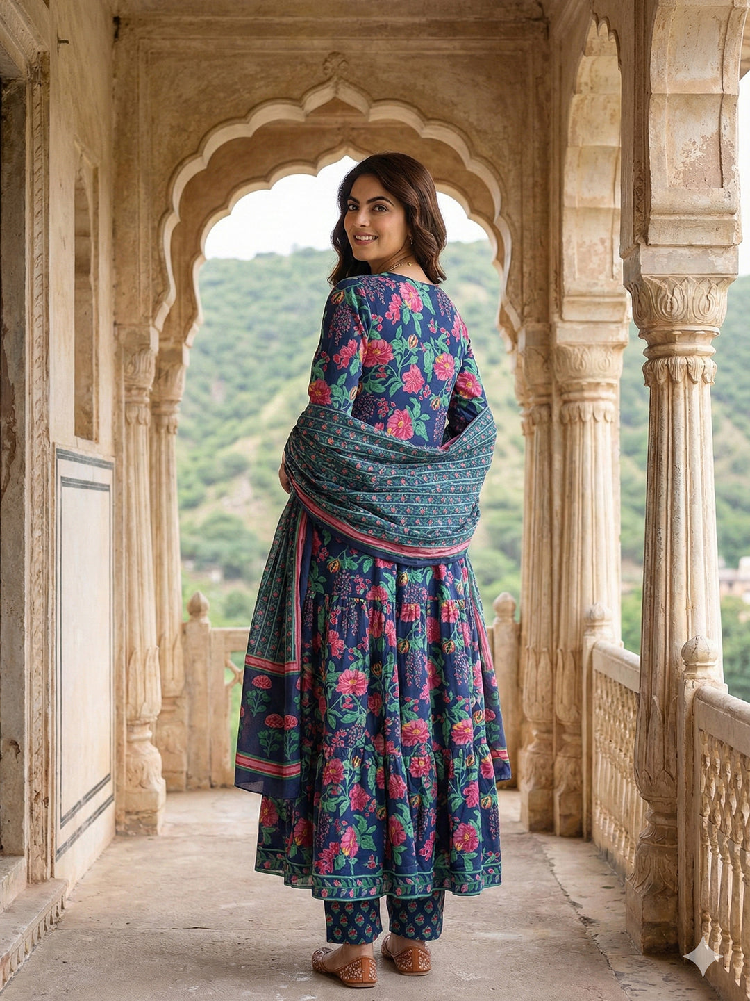 Jaitpuriya Blue And Pink Pure Cotton Anarkali Tierd Kurta Set